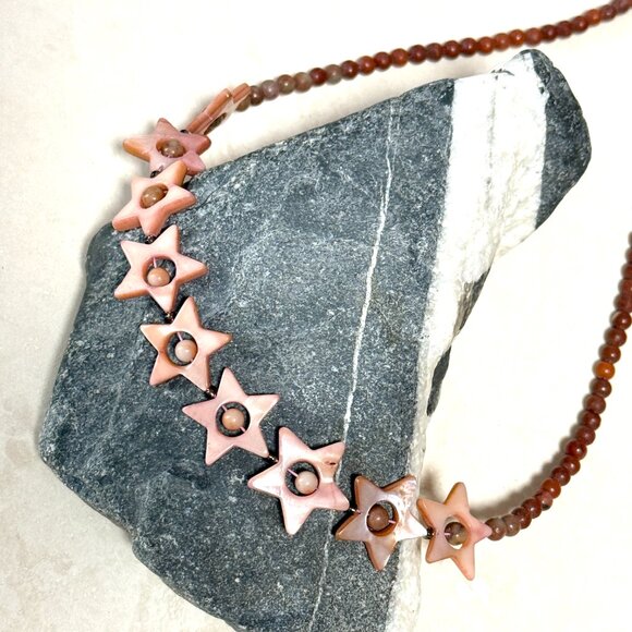 Starry Night Short Necklace, Beaded Pink Mother of Pearl Stars & Earthy Jasper - Picture 4 of 13